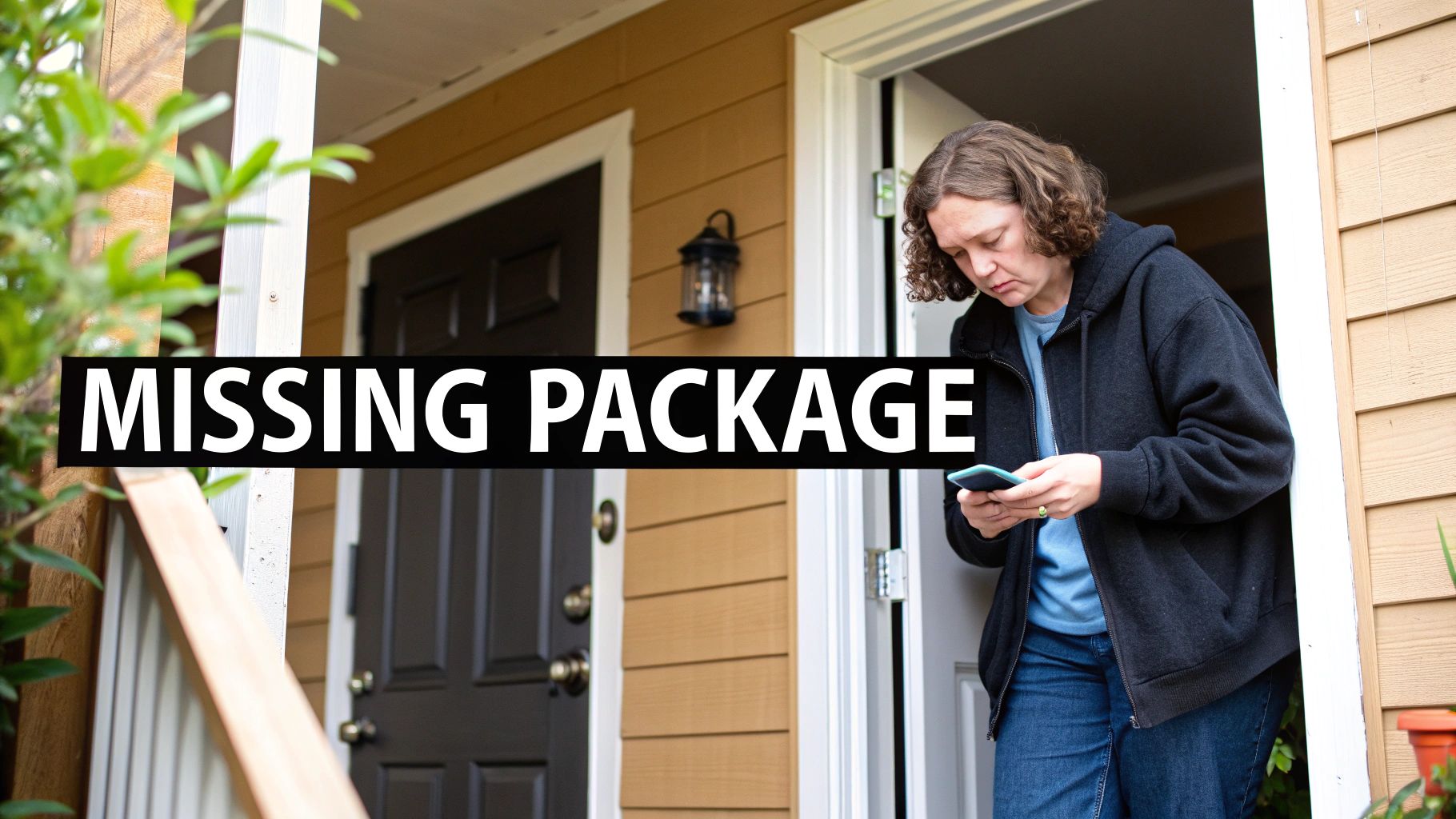 A concerned woman stands at her front door, checking her phone, with "MISSING PACKAGE" overlaid.