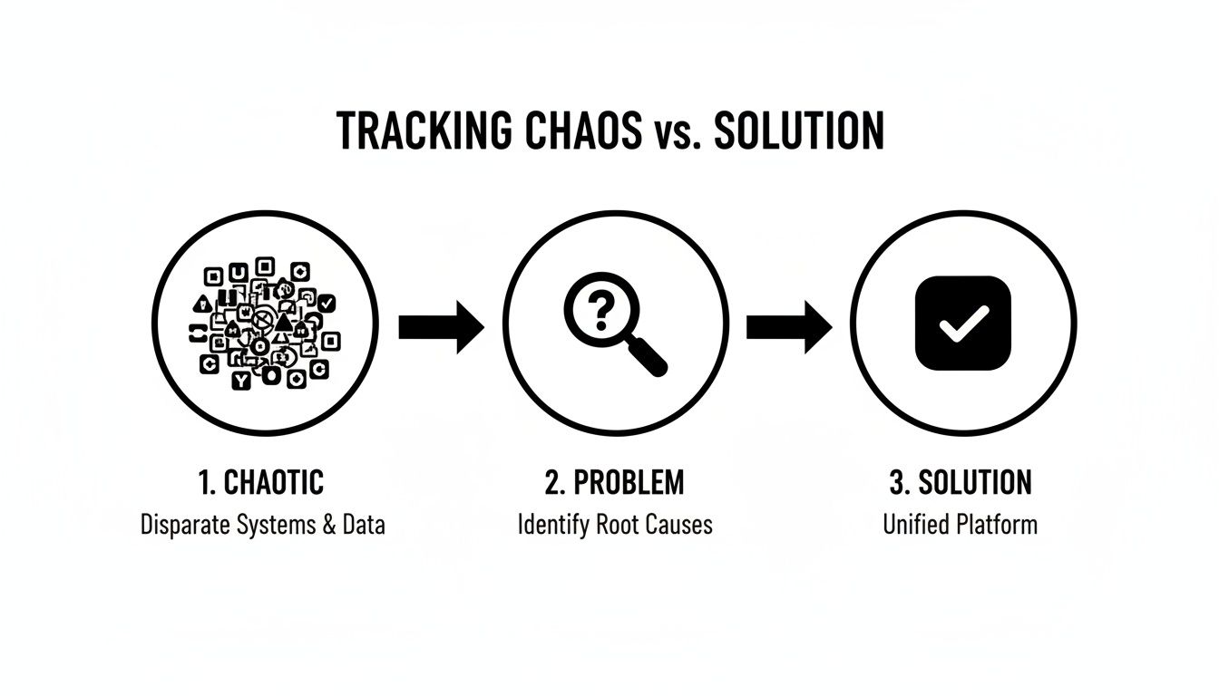 Diagram showing a three-step process: Chaotic data, problem identification, leading to a unified solution.