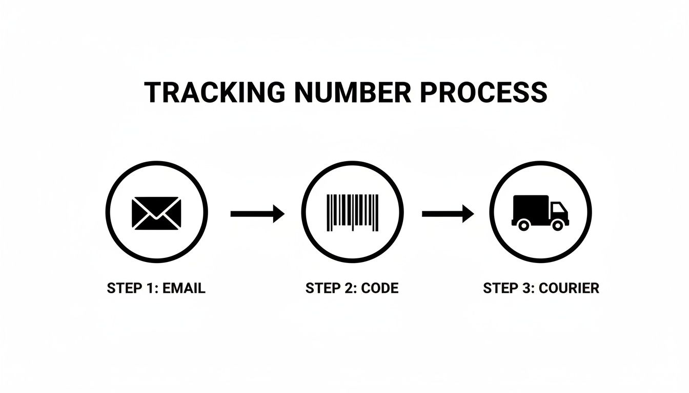 A three-step process diagram illustrating how to track packages: email notification, tracking code, and courier delivery.