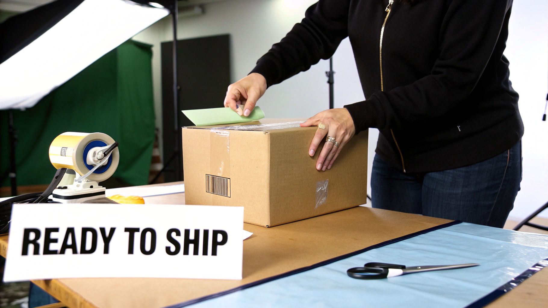 A person is carefully packaging a brown cardboard box on a table, with a 'READY TO SHIP' sign nearby.