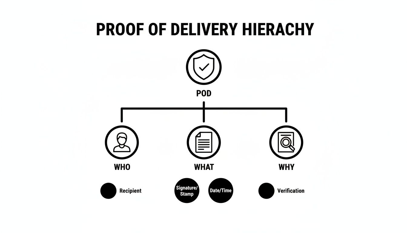 A Proof of Delivery (POD) hierarchy diagram showing WHO, WHAT, and WHY components with details.