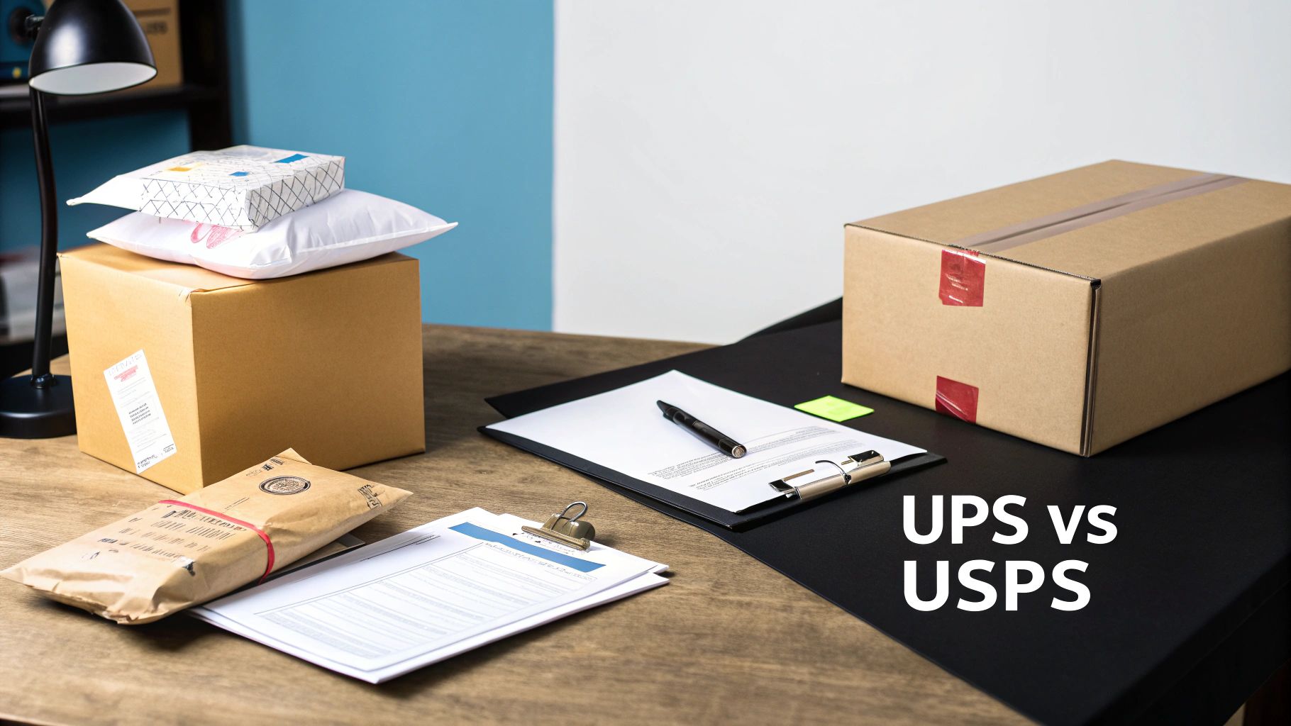 A desk with various packages, shipping labels, and documents, illustrating the difference between UPS and USPS.