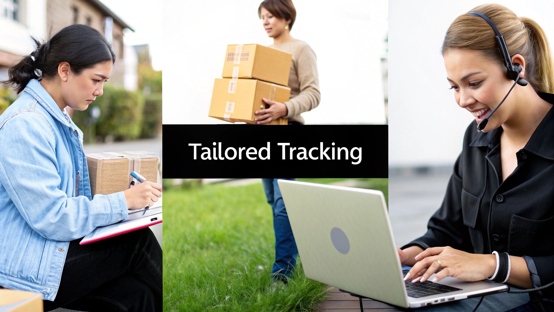 Women handling packages, signing for delivery, and providing customer support with a 'Tailored Tracking' banner.