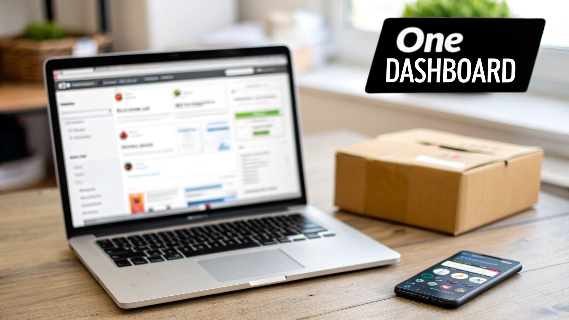 A laptop, smartphone, and cardboard box on a desk, with a 'One DASHBOARD' sign for universal tracking.