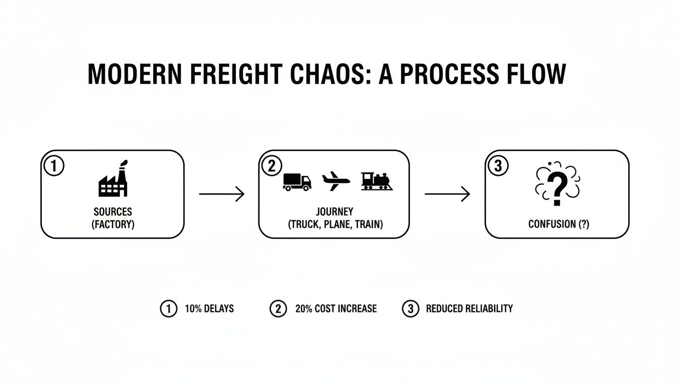 A process flow diagram illustrates modern freight chaos from factory sources through journey to confusion, showing delays and cost increases.