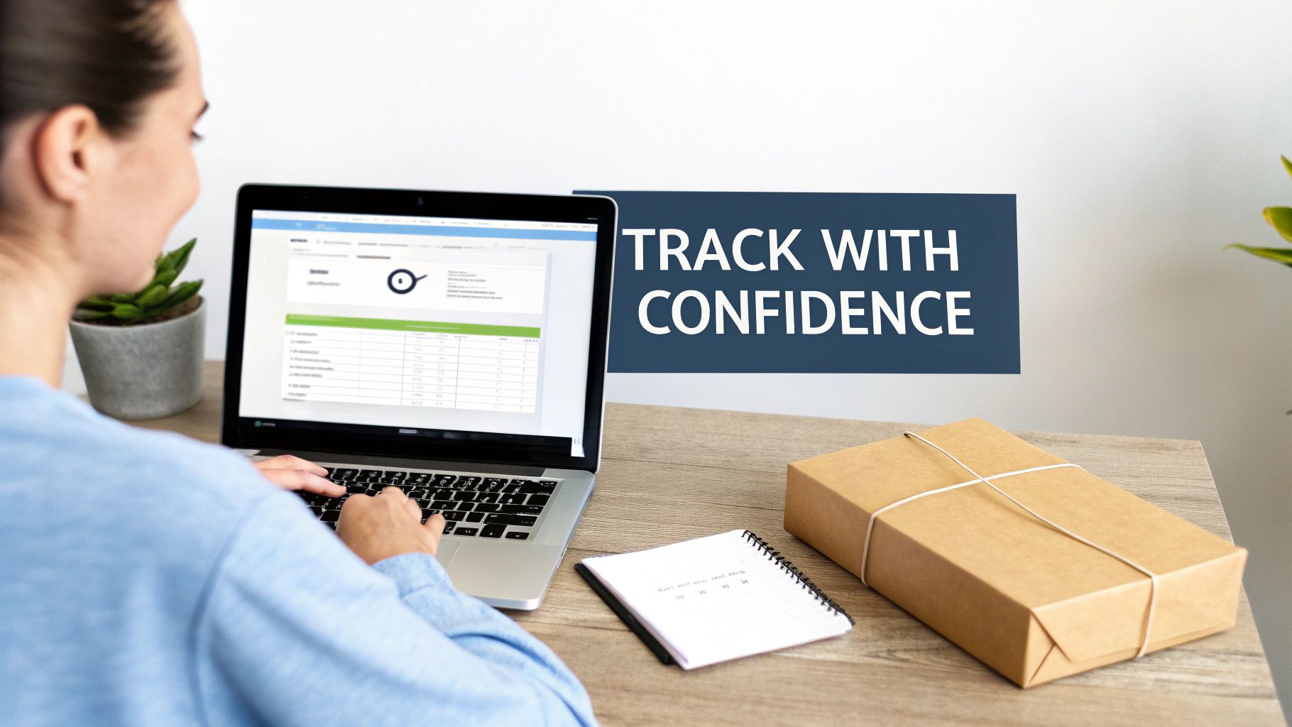A person tracks a package on a laptop, with a brown box and a sign that reads 'Track with Confidence'.