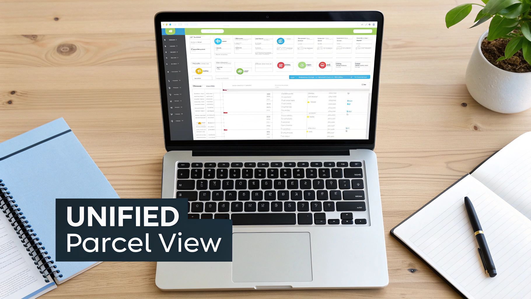 Laptop on a wooden desk displaying a 'UNIFIED Parcel View' logistics dashboard with charts and data.