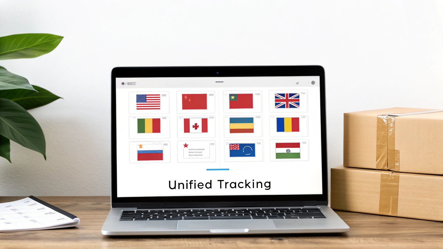 A laptop on a desk displays various country flags and 'Unified Tracking' text, with shipping boxes.