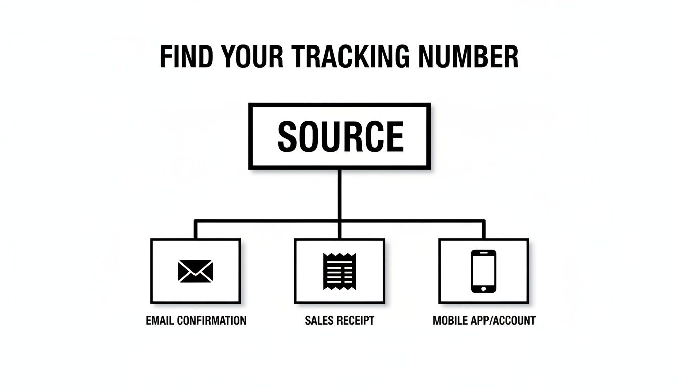 Diagram showing how to find your tracking number from email, sales receipt, or mobile app.
