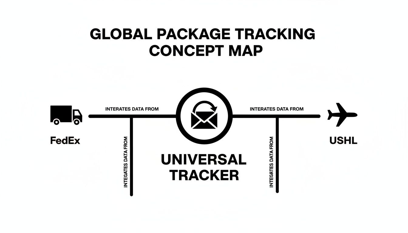 Concept map showing FedEx and USHL integrating data into a Universal Package Tracker for global package tracking.