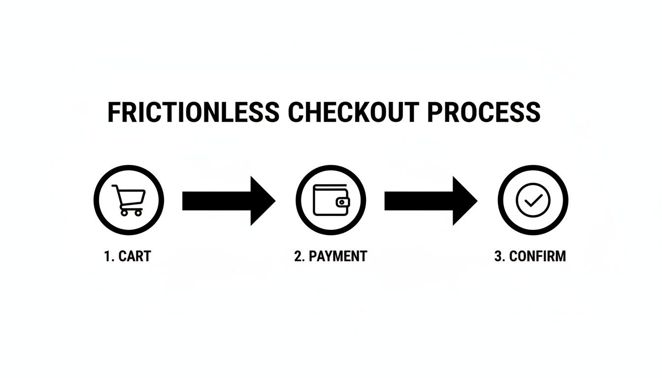 A diagram illustrating a three-step frictionless e-commerce checkout process: cart, payment, and confirmation.