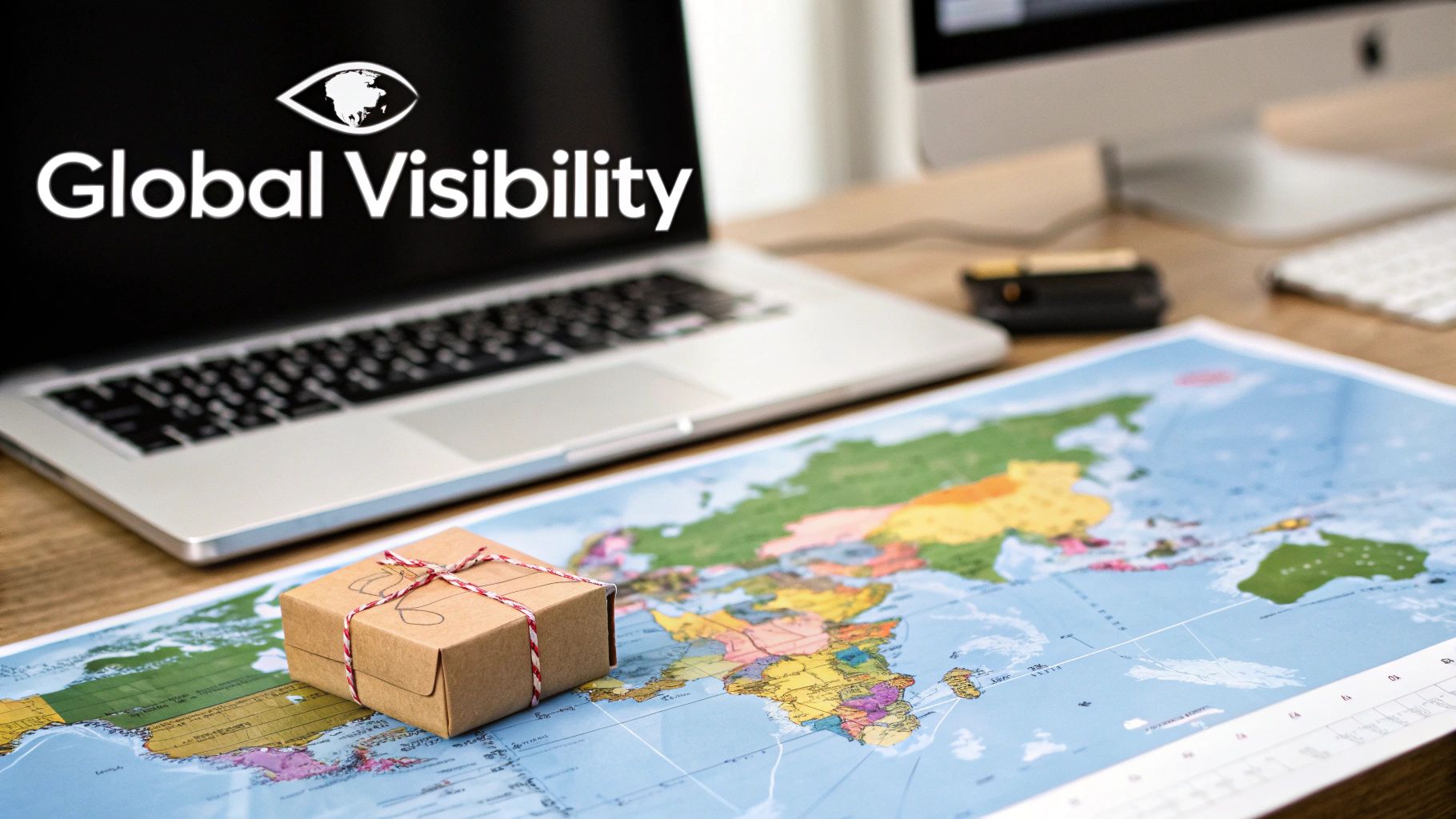 A laptop displaying 'Global Visibility' logo and text, alongside a world map with a package.