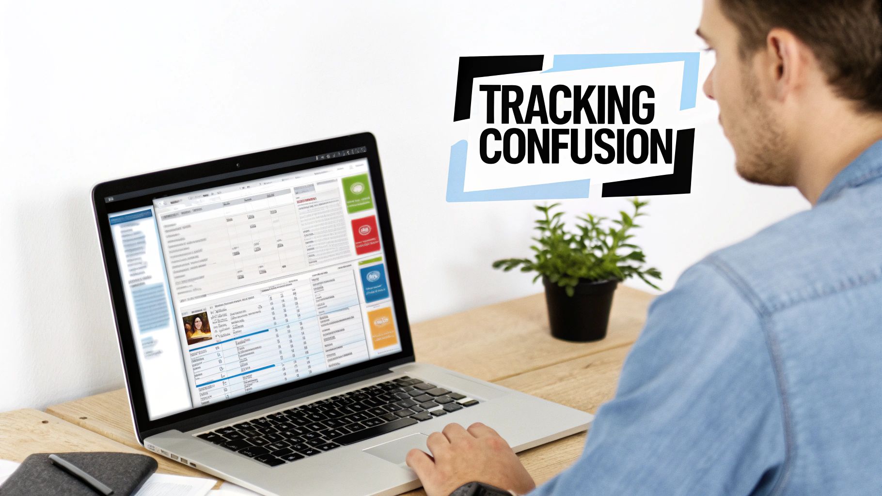 Man looking at a laptop screen displaying complex tracking data with 'TRACKING CONFUSION' graphic.