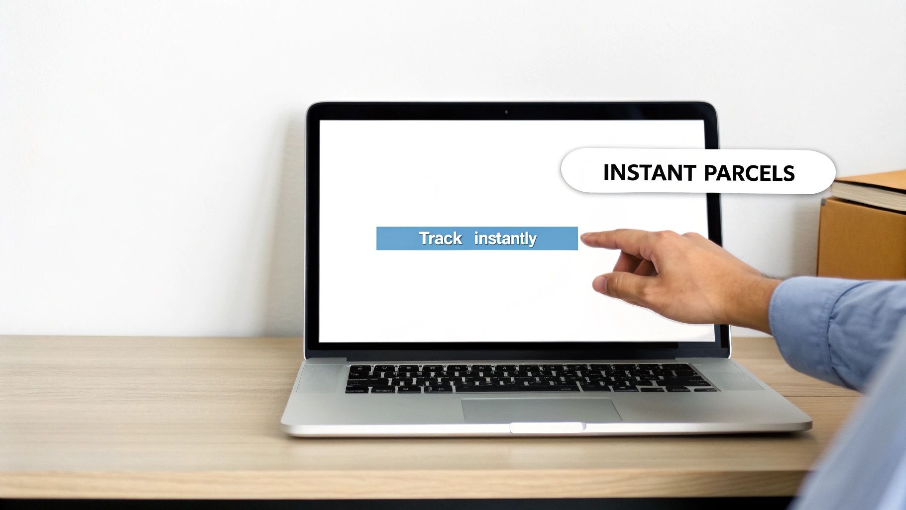 A person's hand interacts with a laptop screen displaying 'Track instantly' and 'INSTANT PARCELS'.
