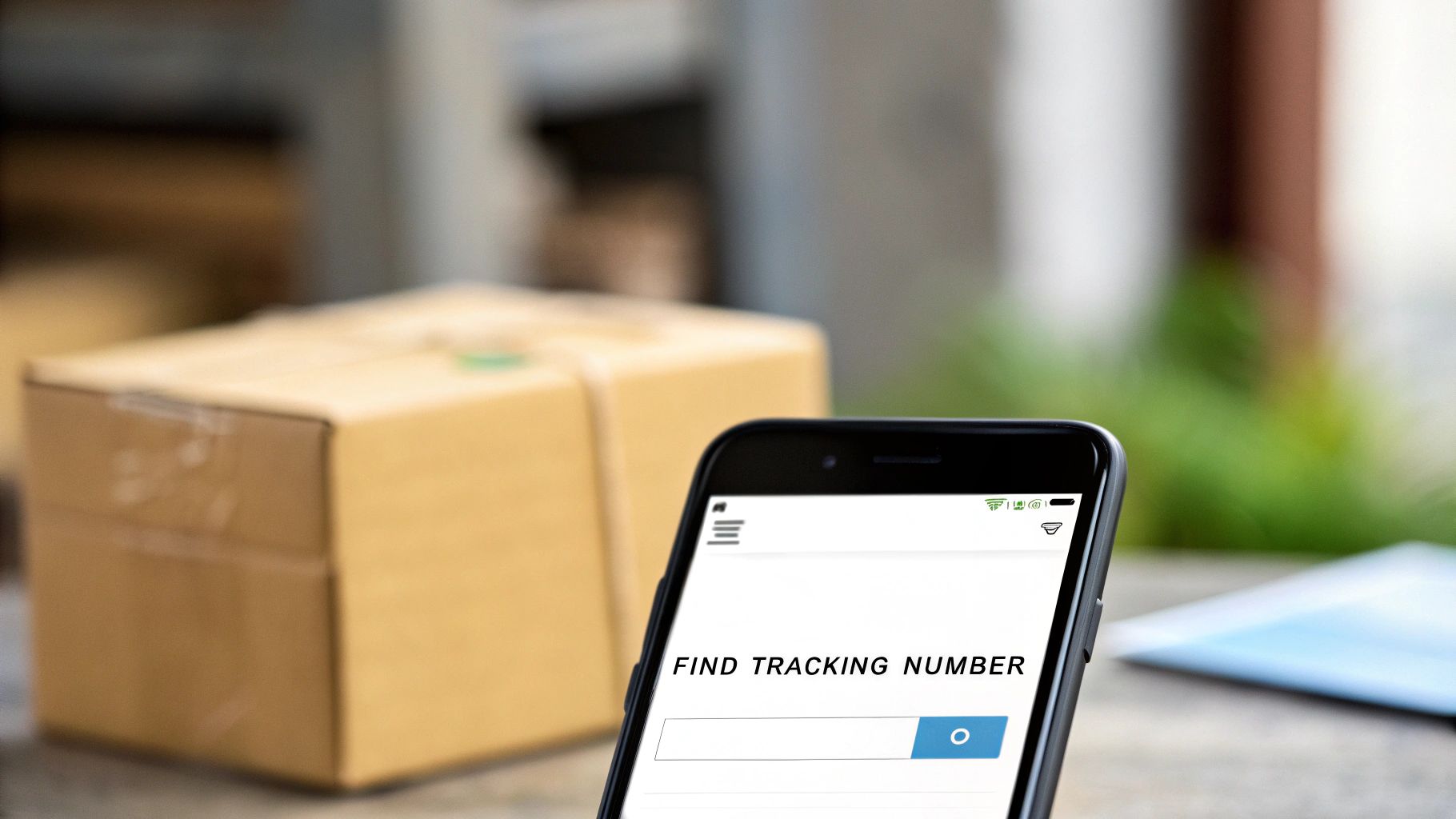 Smartphone screen shows 'FIND TRACKING NUMBER' with a delivery box in the blurred background.