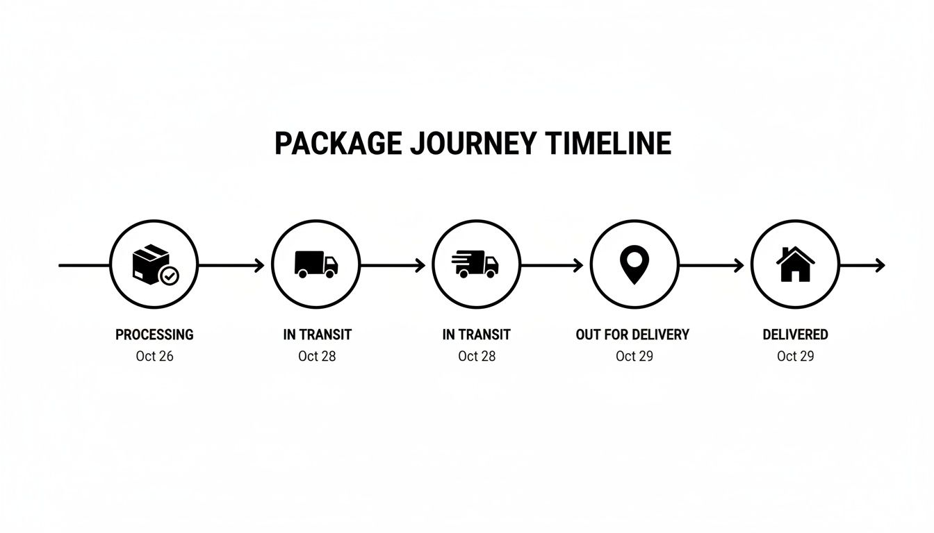 A package journey timeline displaying five steps from processing to final delivery with dates.