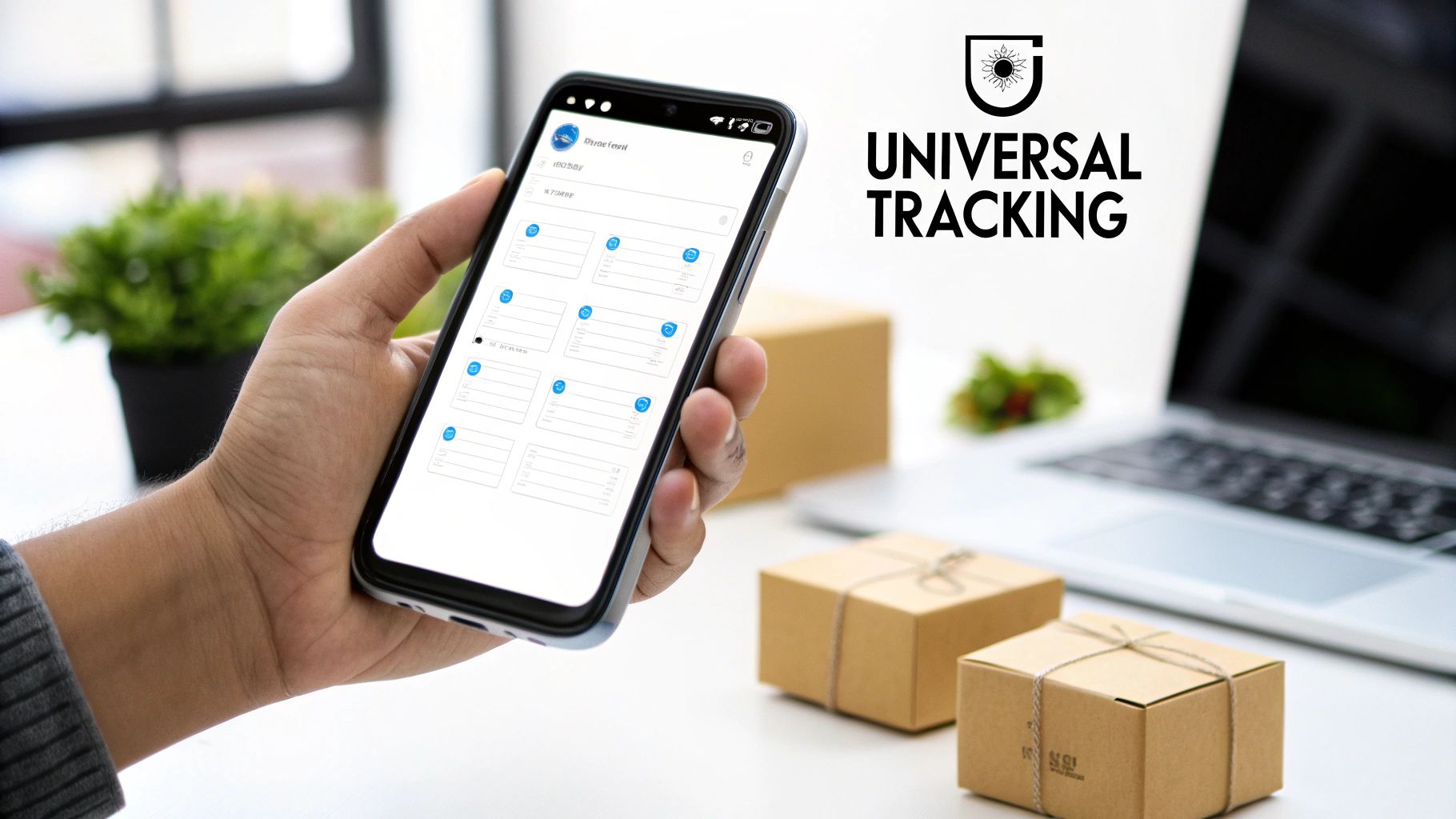 A person holds a smartphone displaying a parcel tracking app, with cardboard boxes and a laptop on a desk.
