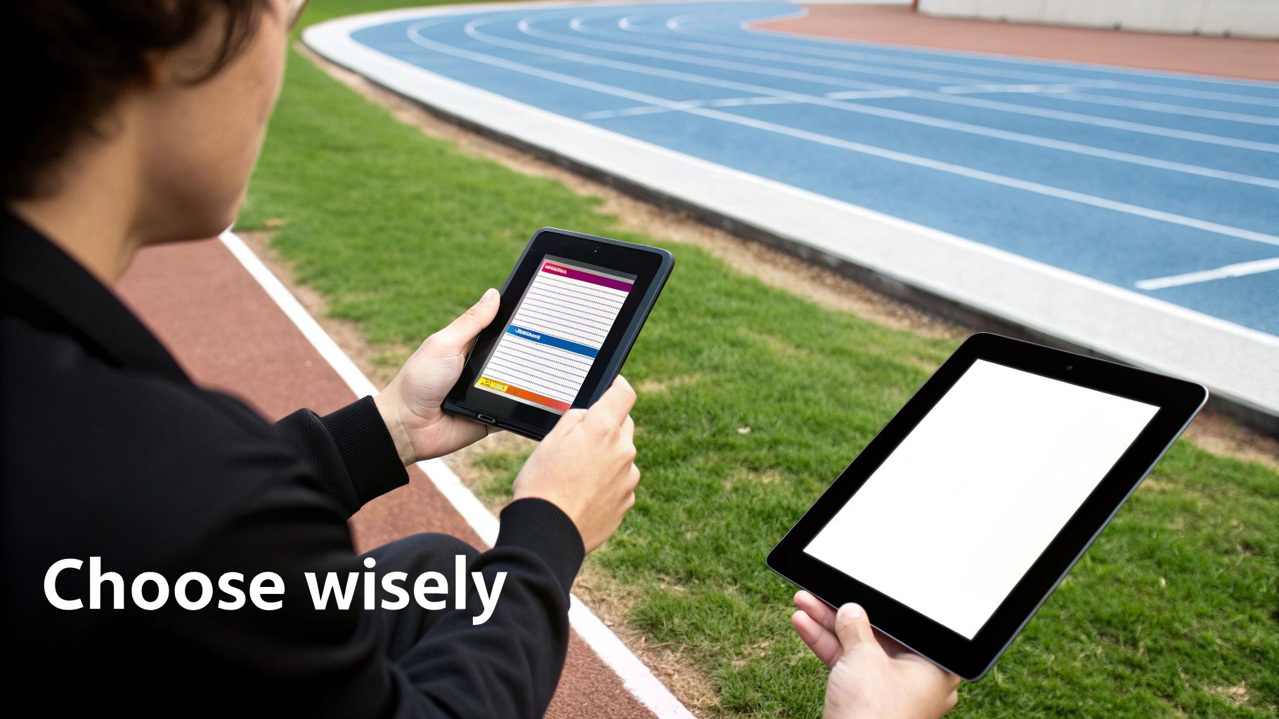A person holds two tablets outdoors near a running track, one showing data, the other blank. Text: Choose wisely.