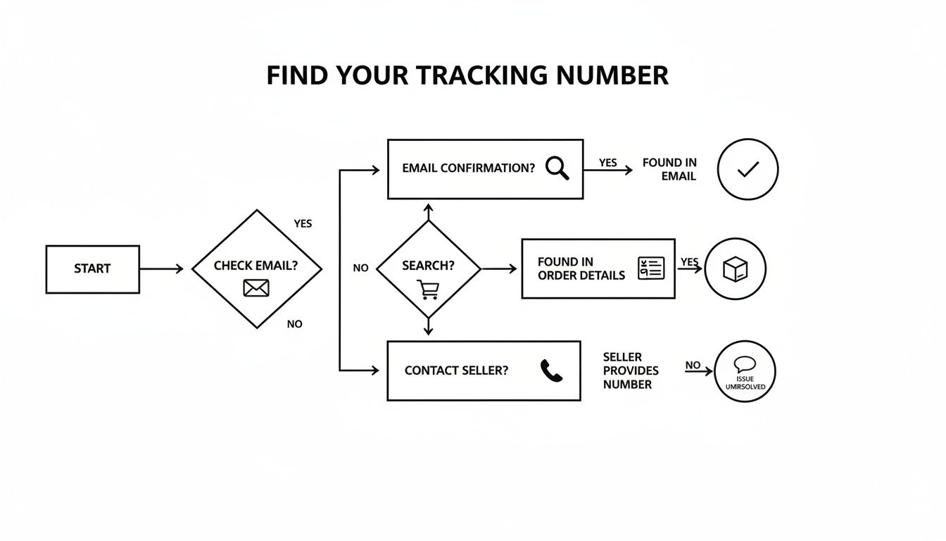A flowchart showing steps to find a package tracking number by checking email, searching, or contacting the seller.