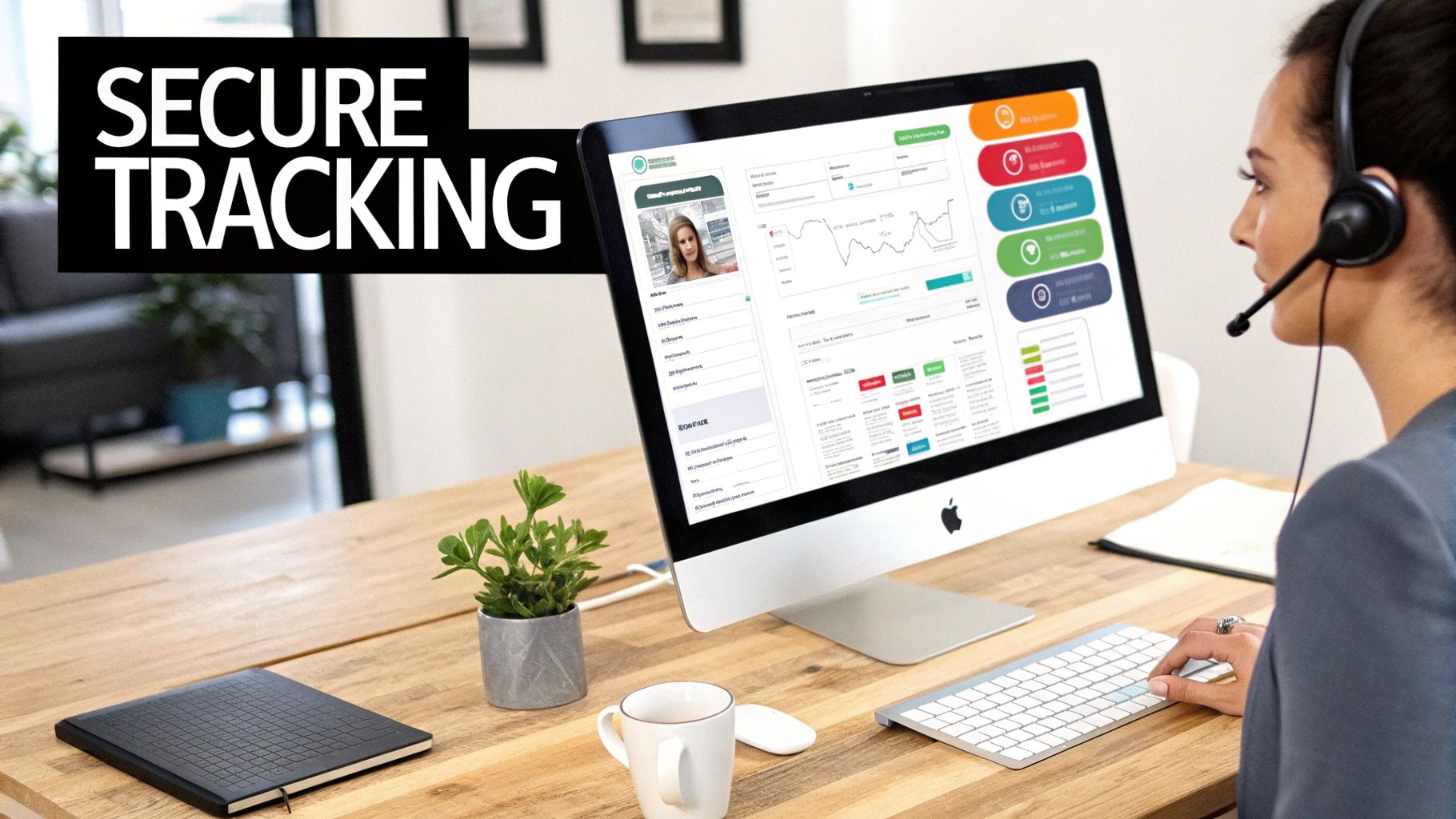 Woman with a headset working at a desk on a computer displaying a secure tracking dashboard.
