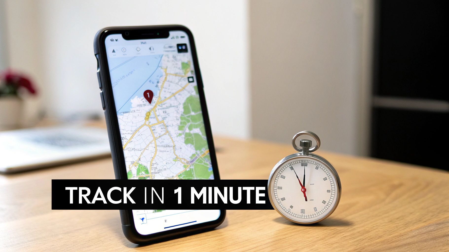 A smartphone displays a map with a red location pin next to a stopwatch, with text 'Track in 1 minute'.