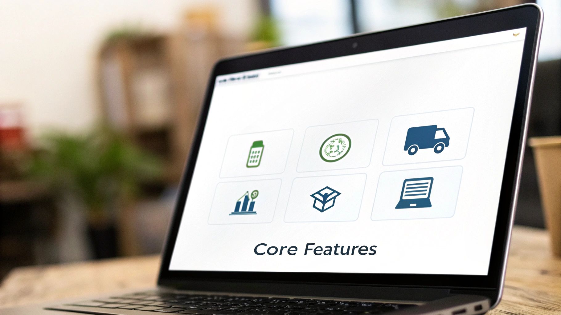 Laptop showing 'Core Features' of a supply chain visibility software with various icons.