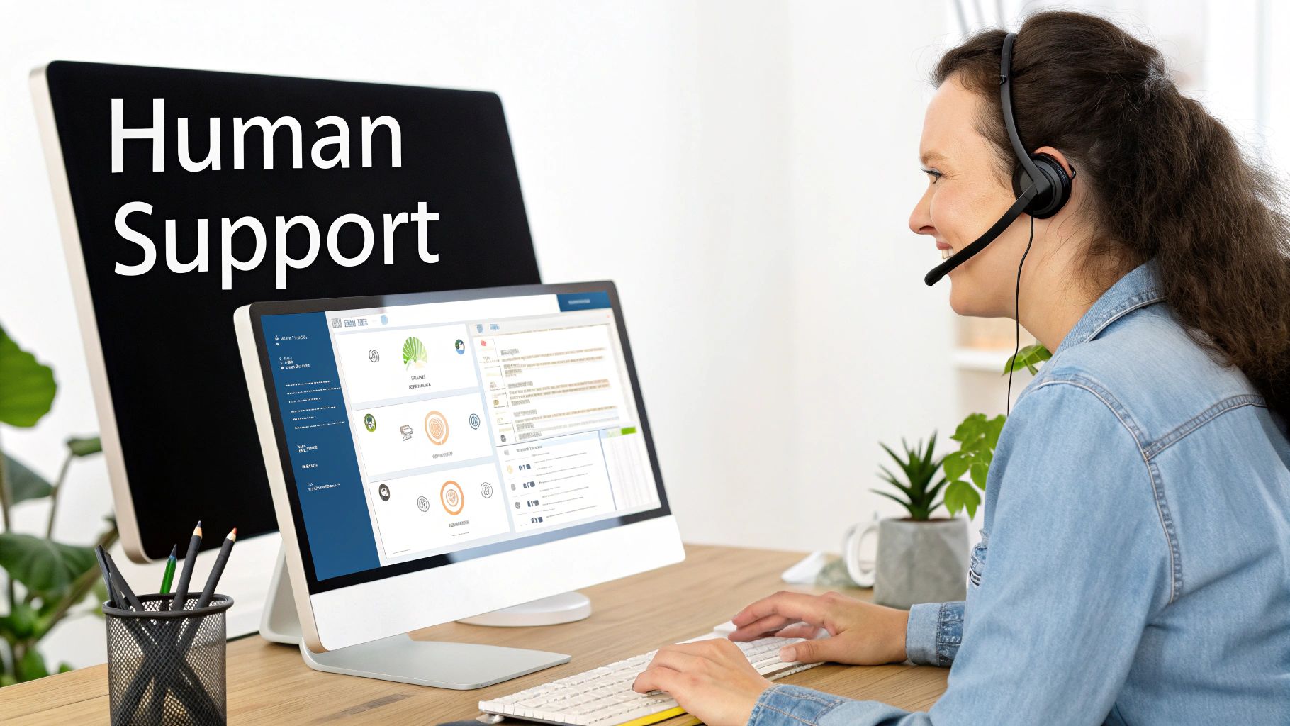Smiling woman in a headset provides human support at a computer, with 'Human Support' text displayed.
