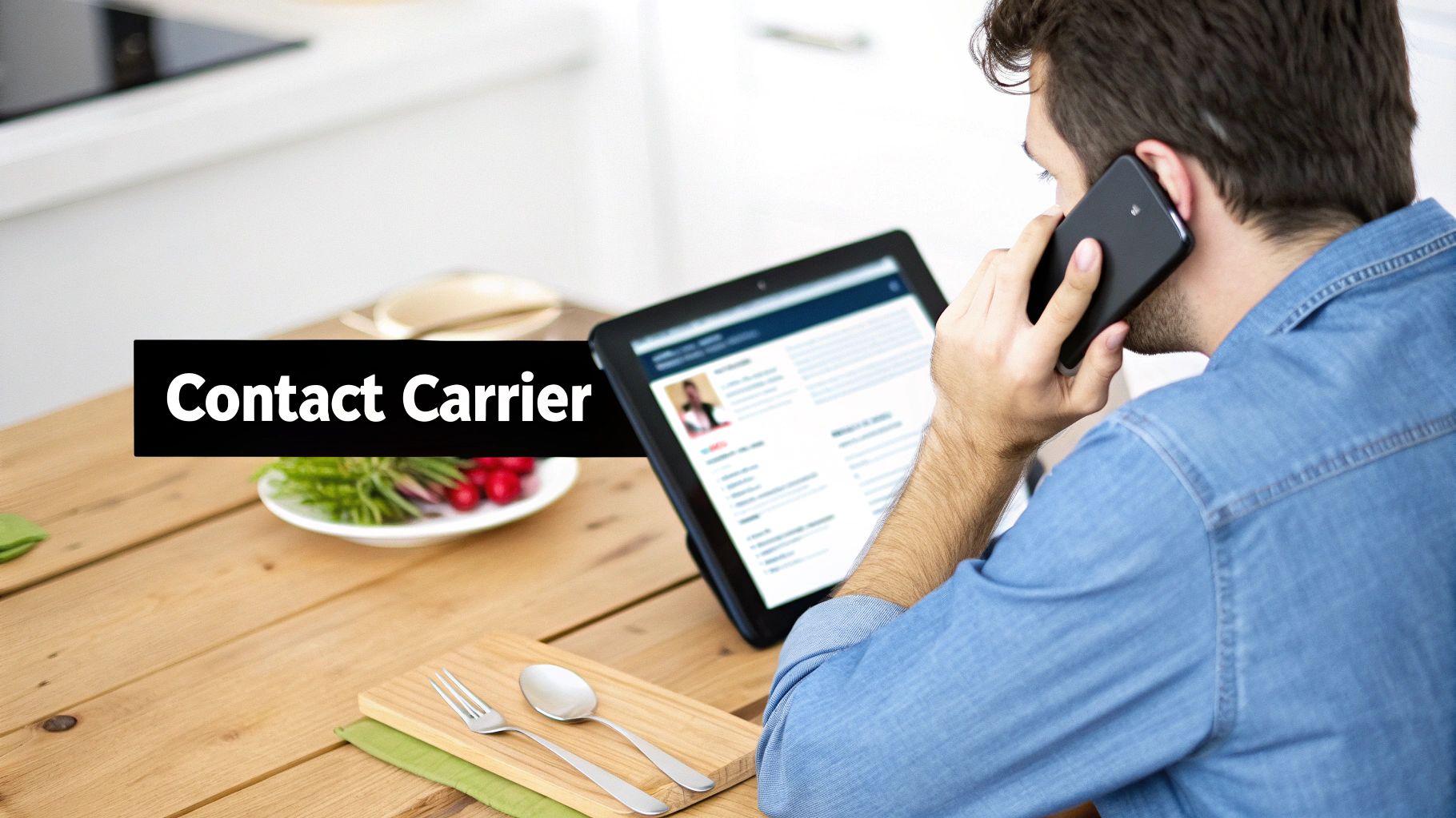 A man in a denim shirt on the phone, looking at a tablet with online information at a wooden table.
