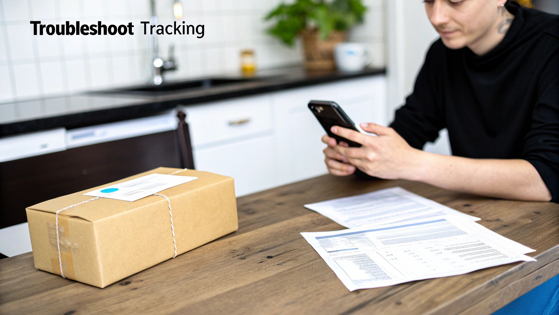 A person troubleshoot tracking a package on their phone, with documents on a wooden table.