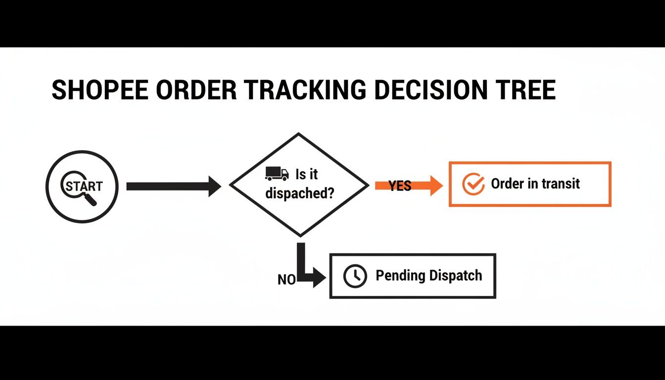 A Shopee order tracking decision tree flowchart showing steps for order status based on dispatch.