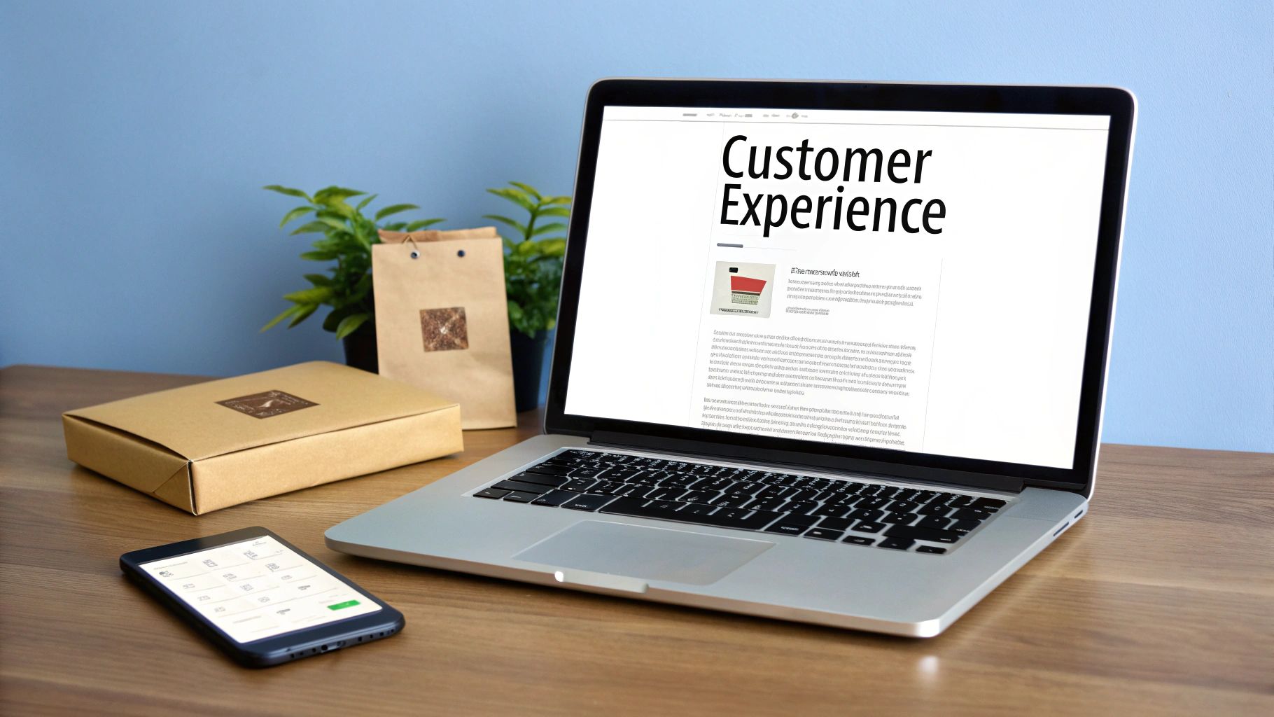 A laptop displaying 'Customer Experience' on screen, a smartphone, and two brown packages on a wooden desk.