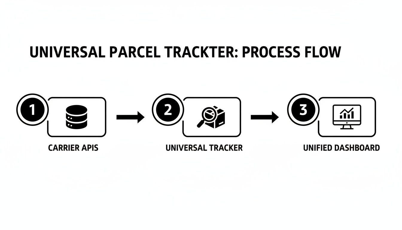 A flowchart detailing the universal parcel tracker process: Carrier APIs, Universal Tracker, and Unified Dashboard.