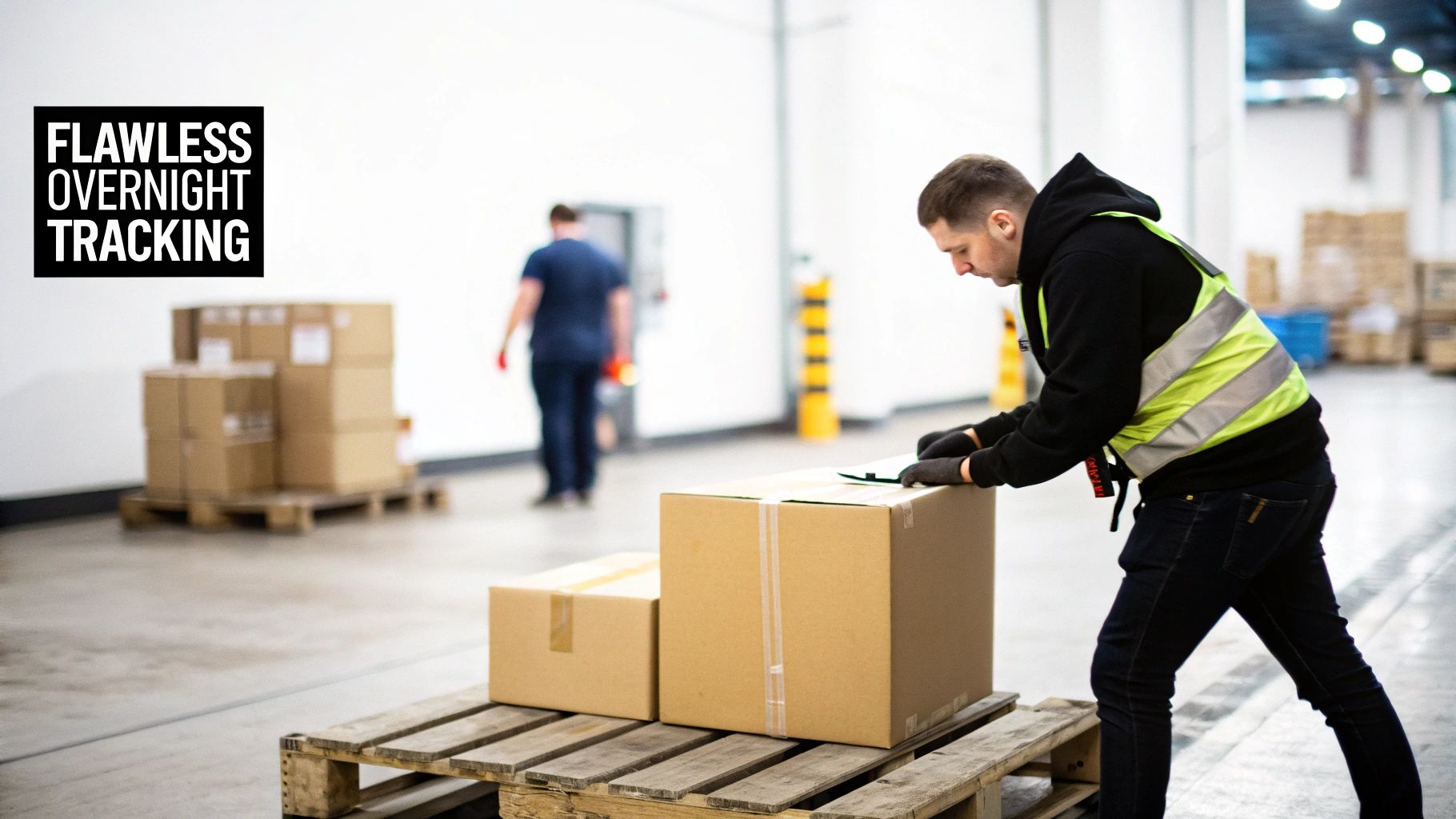 Worker in a warehouse labeling a package on a pallet, highlighting flawless overnight tracking service.