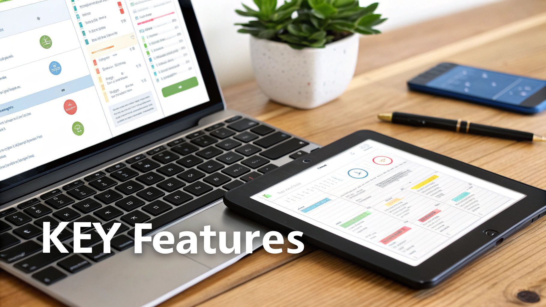A close-up of a laptop and tablet on a wooden desk showing a tracking application with 'KEY Features' text.