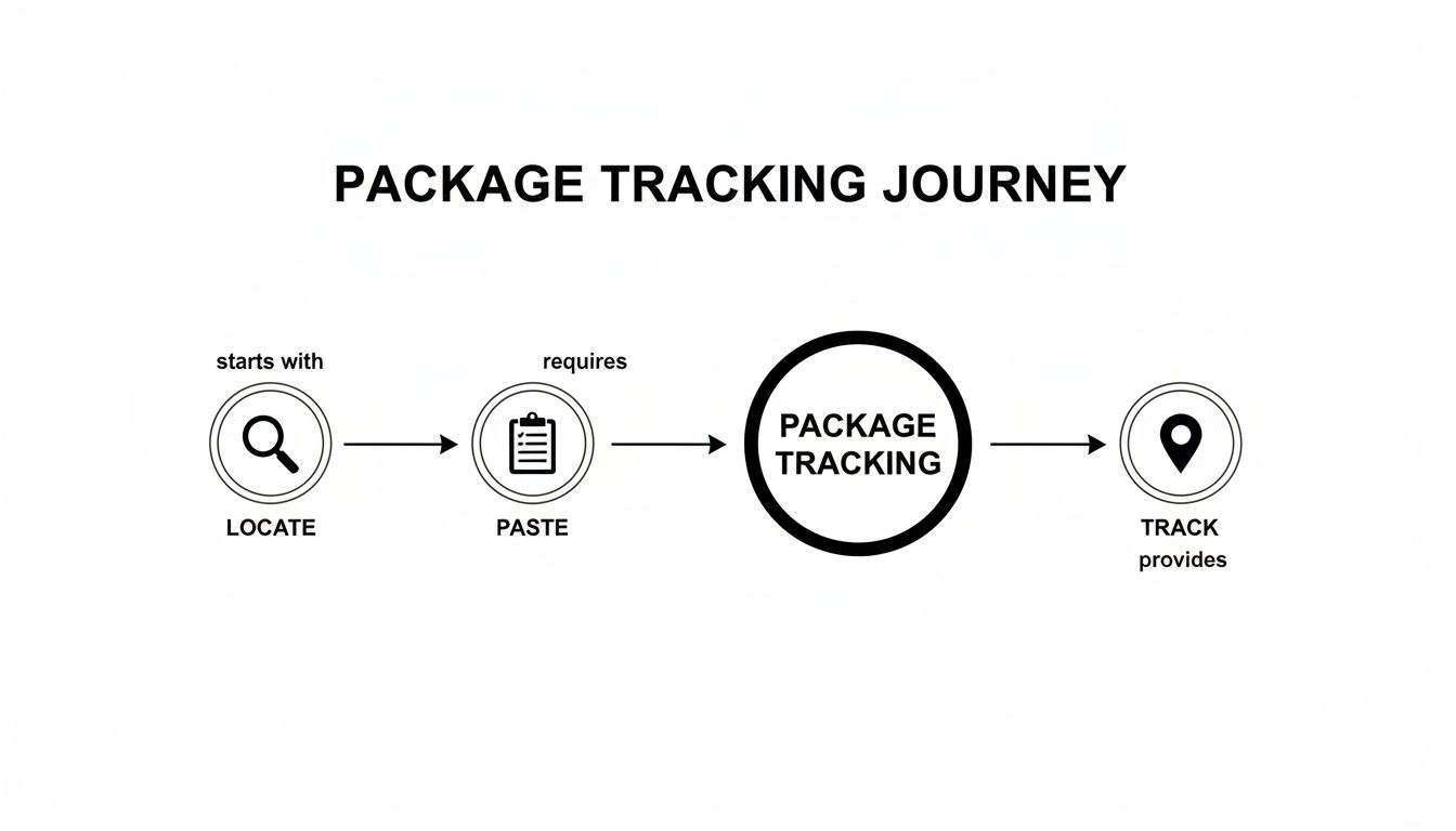 A flowchart illustrates the package tracking journey: locate, paste, package tracking, and ultimate delivery tracking.