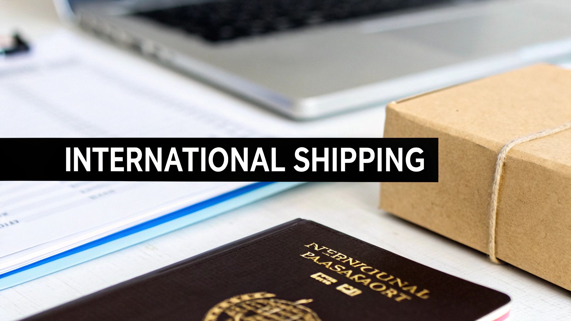 A flat lay shows a brown box, passport, and laptop with an 'INTERNATIONAL SHIPPING' banner.