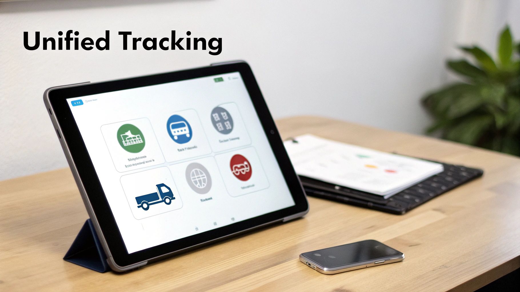 A tablet displaying a 'Unified Tracking' application with icons for package and vehicle tracking.