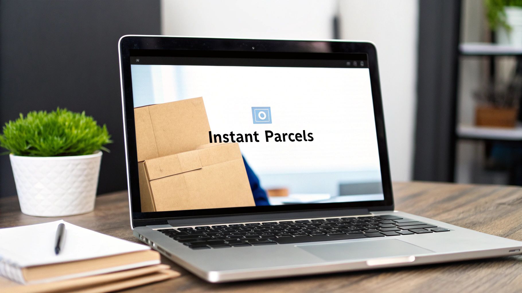 A laptop on a wooden desk displays 'Instant Parcels' logo and a cardboard box, next to a plant and notebook.