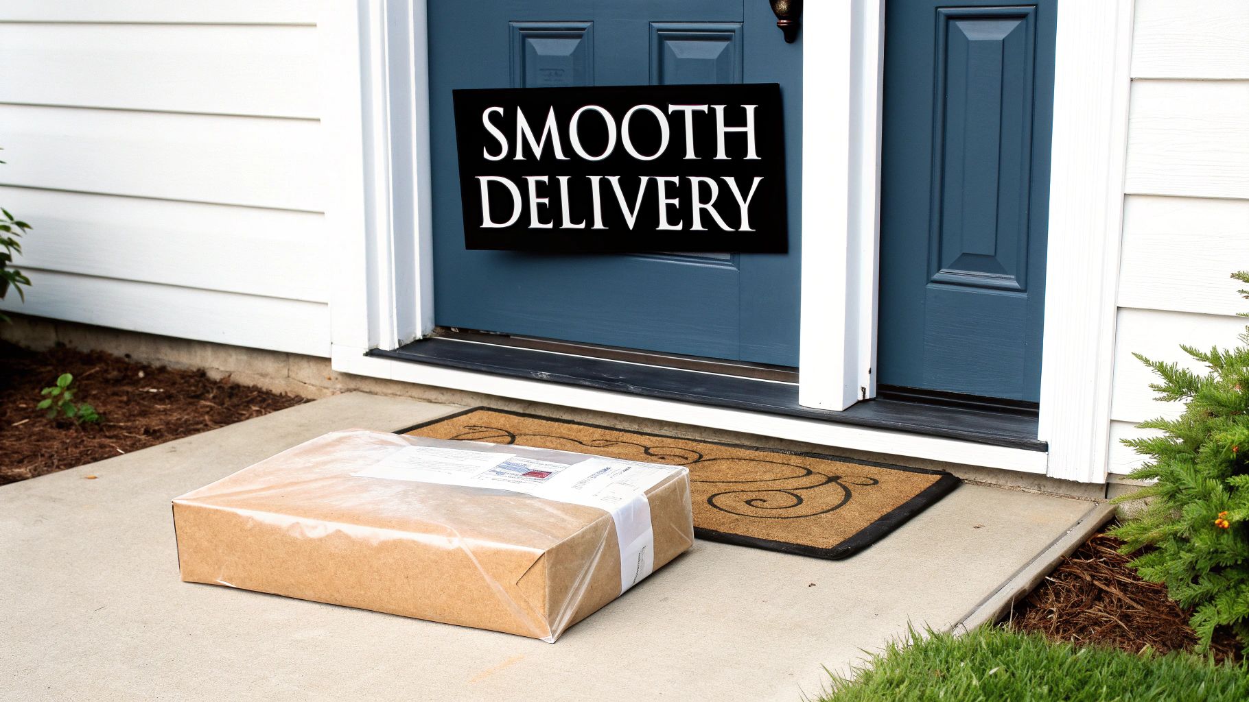 A cardboard package rests on a concrete porch in front of a blue door with a "SMOOTH DELIVERY" sign.