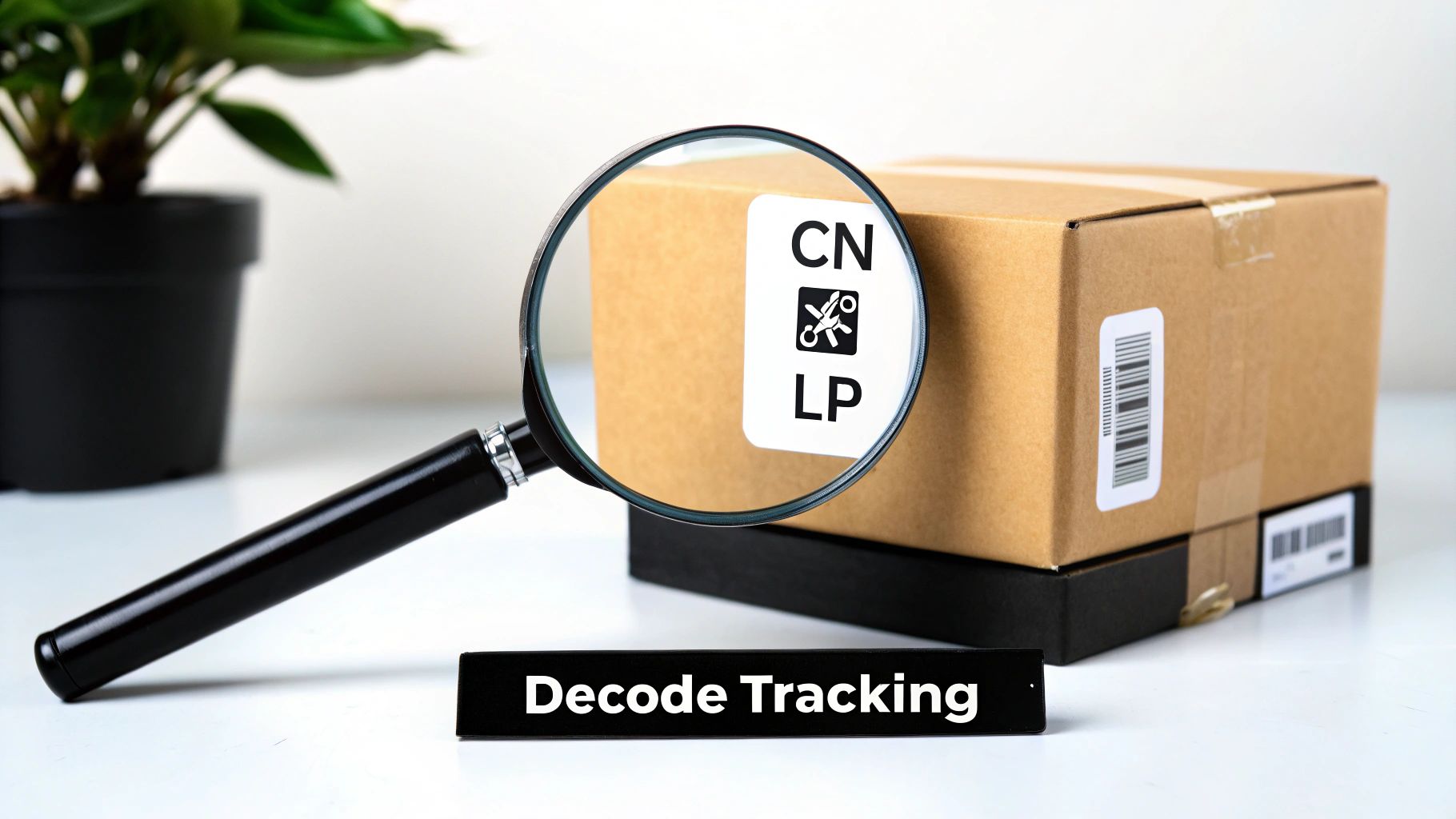 A magnifying glass magnifies a shipping label with 'CN LP' on a cardboard box, next to a 'Decode Tracking' sign.