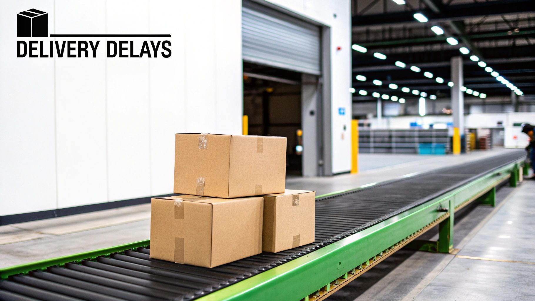 Cardboard boxes on a conveyor belt in a large, well-lit warehouse with a 'Delivery Delays' graphic.
