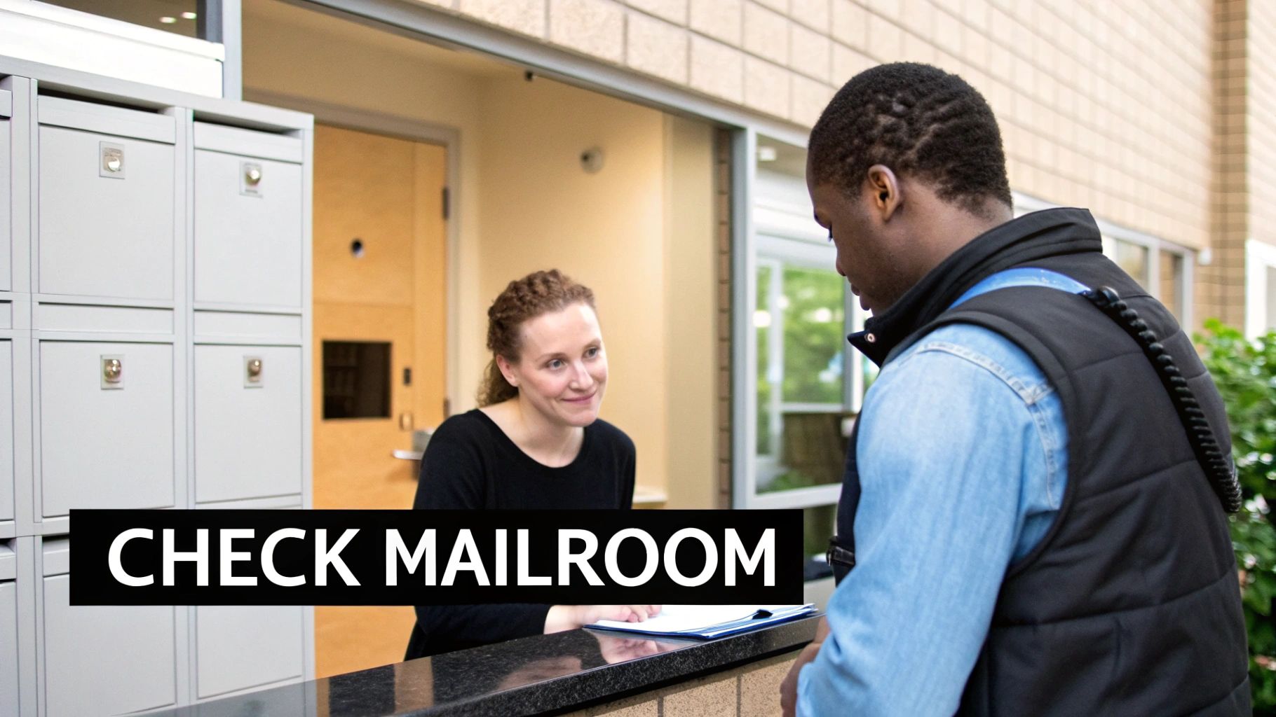A friendly mailroom attendant assists a customer at a counter with mailboxes in the background.
