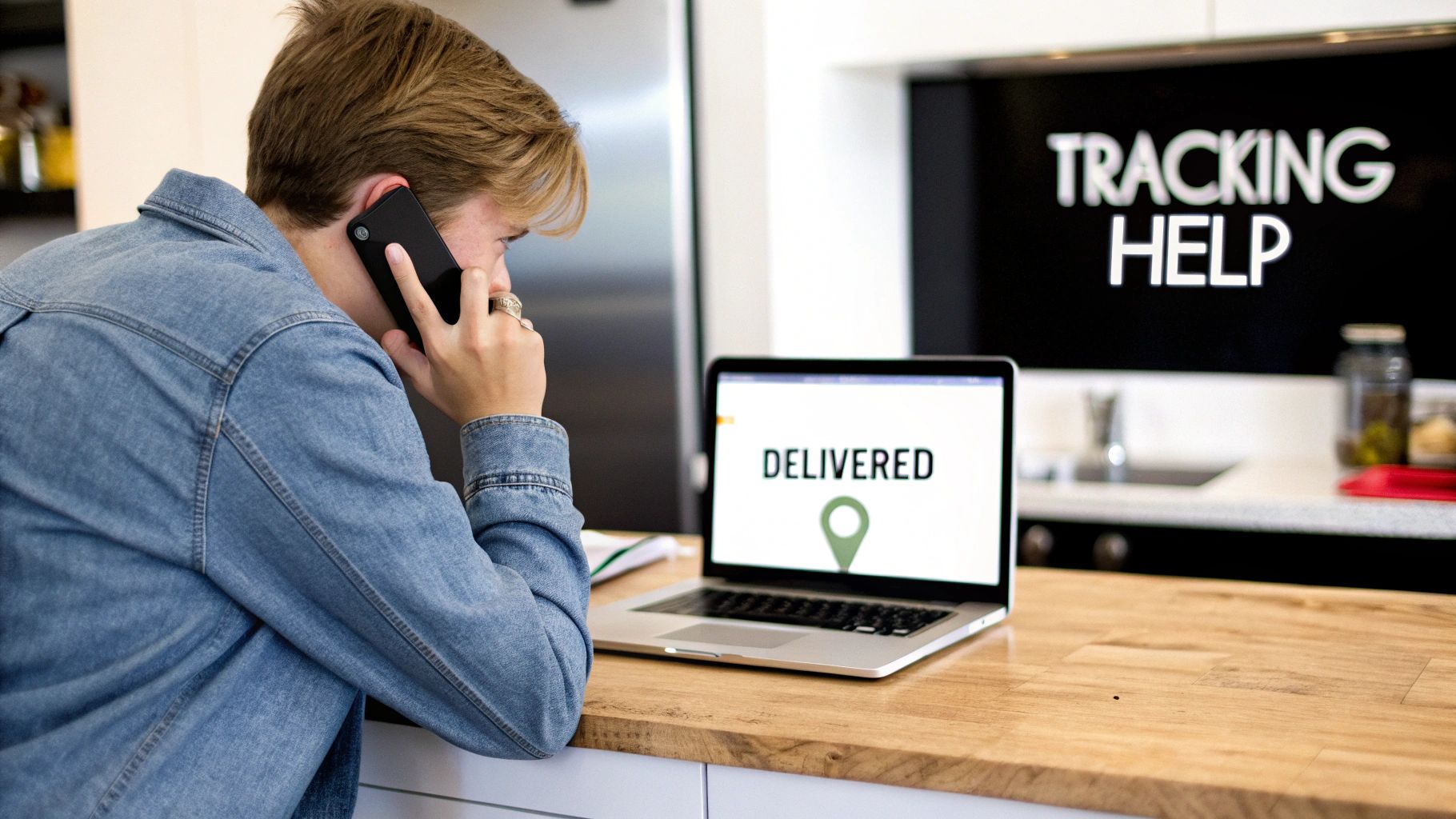 A person on the phone next to a laptop showing 'DELIVERED', with 'TRACKING HELP' in the background.