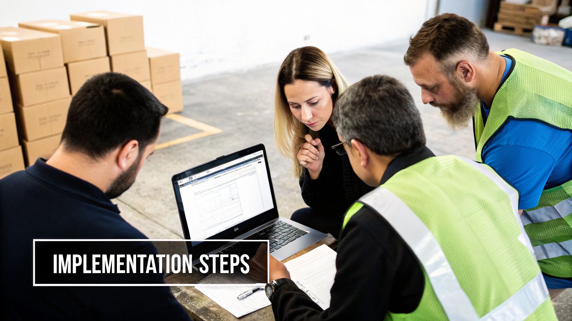Diverse team collaborating on supply chain operations with a laptop in a storage facility.