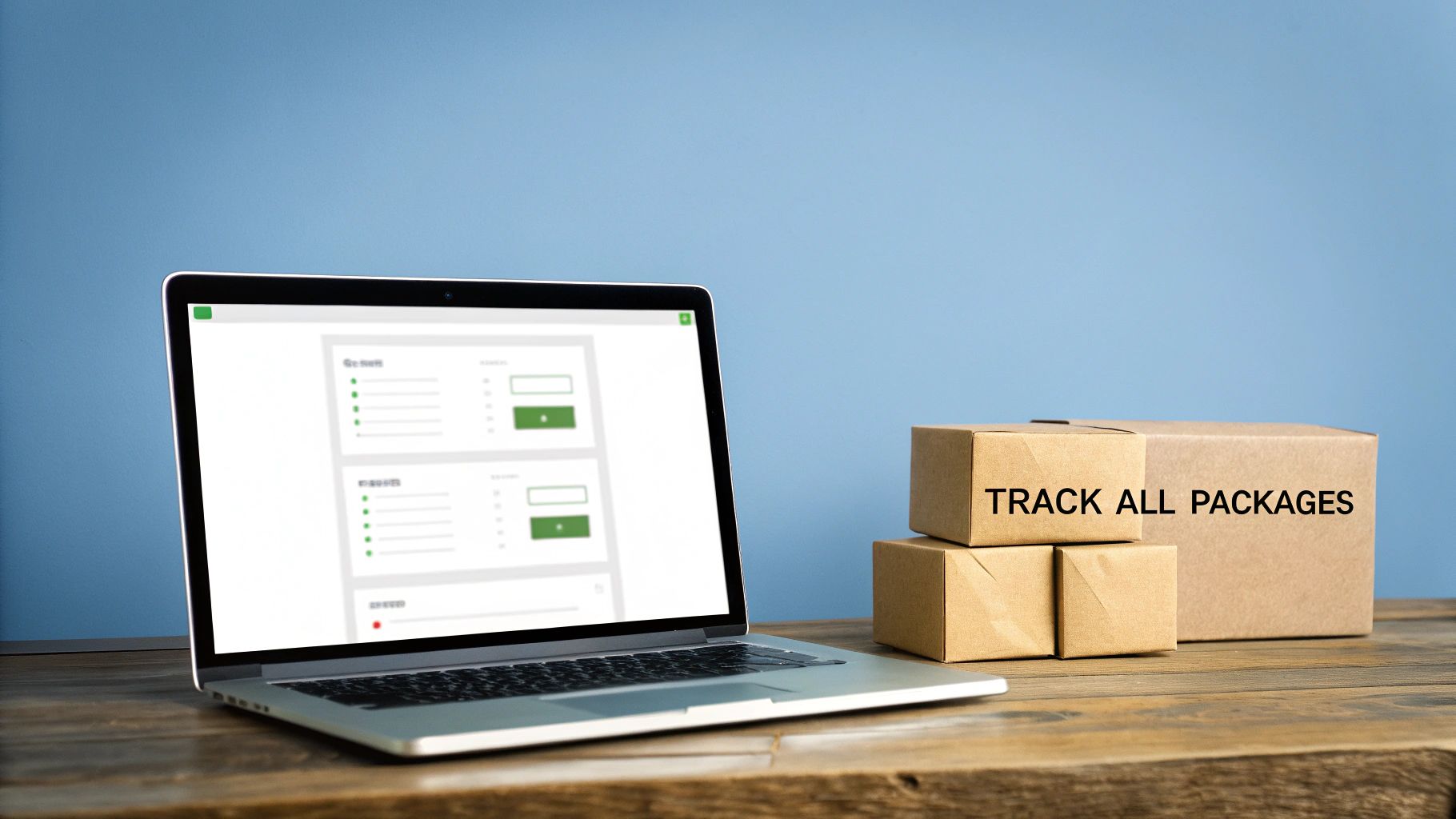 Laptop with a tracking interface and brown cardboard boxes on a wooden desk, emphasizing package tracking.