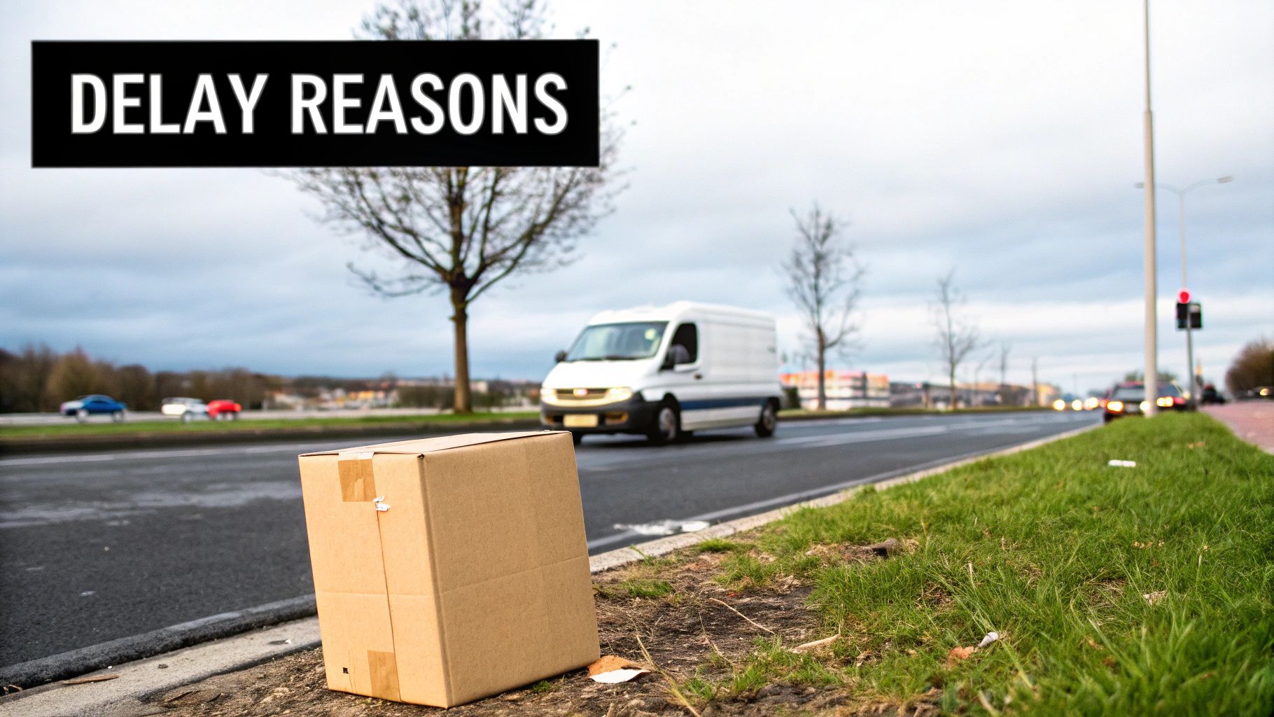 A brown cardboard box abandoned on the roadside, with a white delivery van and 'DELAY REASONS' text.