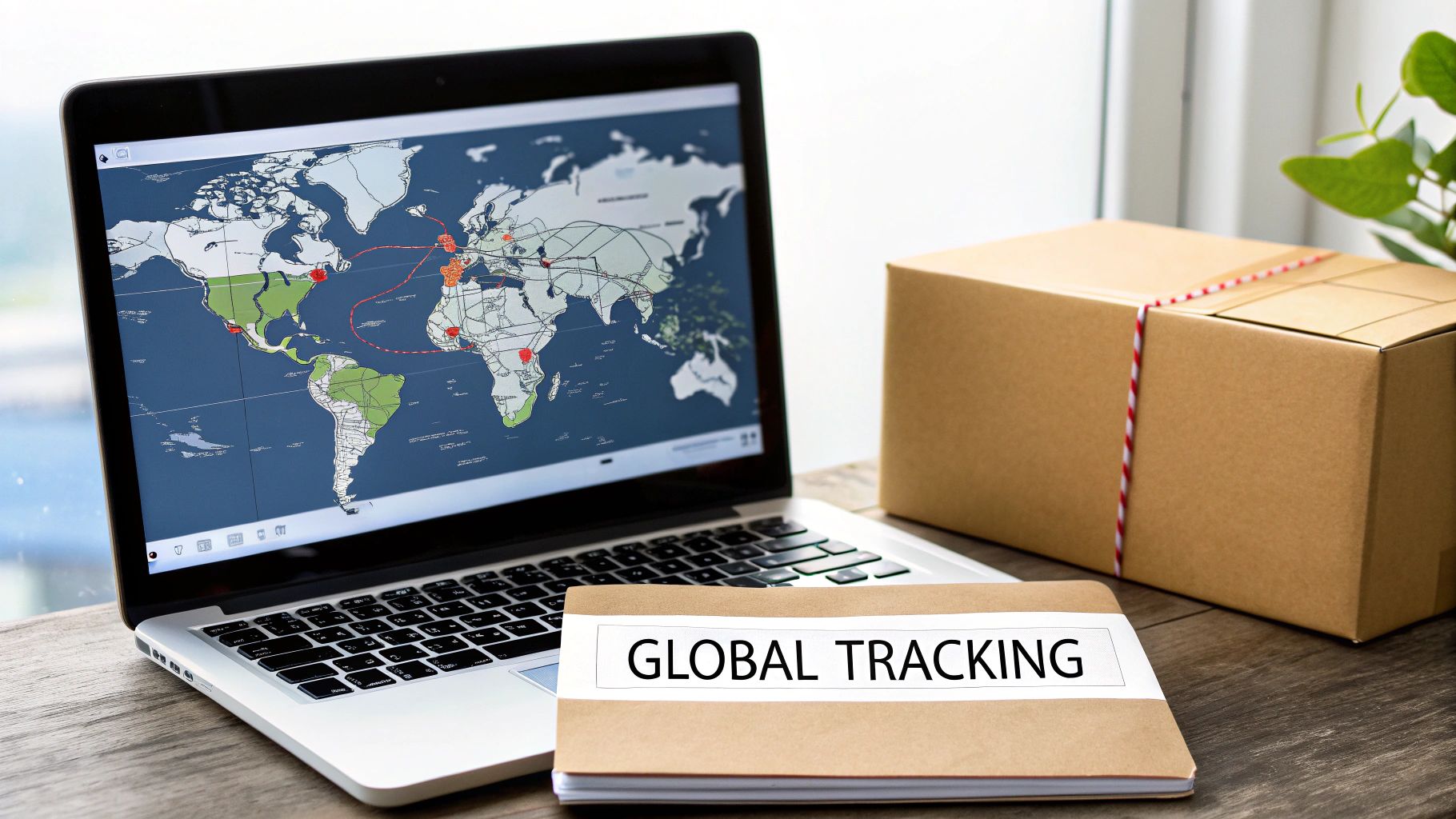 A laptop screen displays a global shipping map next to a package and a 'GLOBAL TRACKING' notebook.