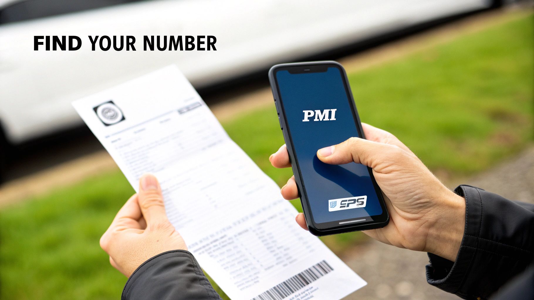 Person holding a smartphone displaying 'PMI' and 'EPS' logos and a paper document, with 'FIND YOUR NUMBER' text.