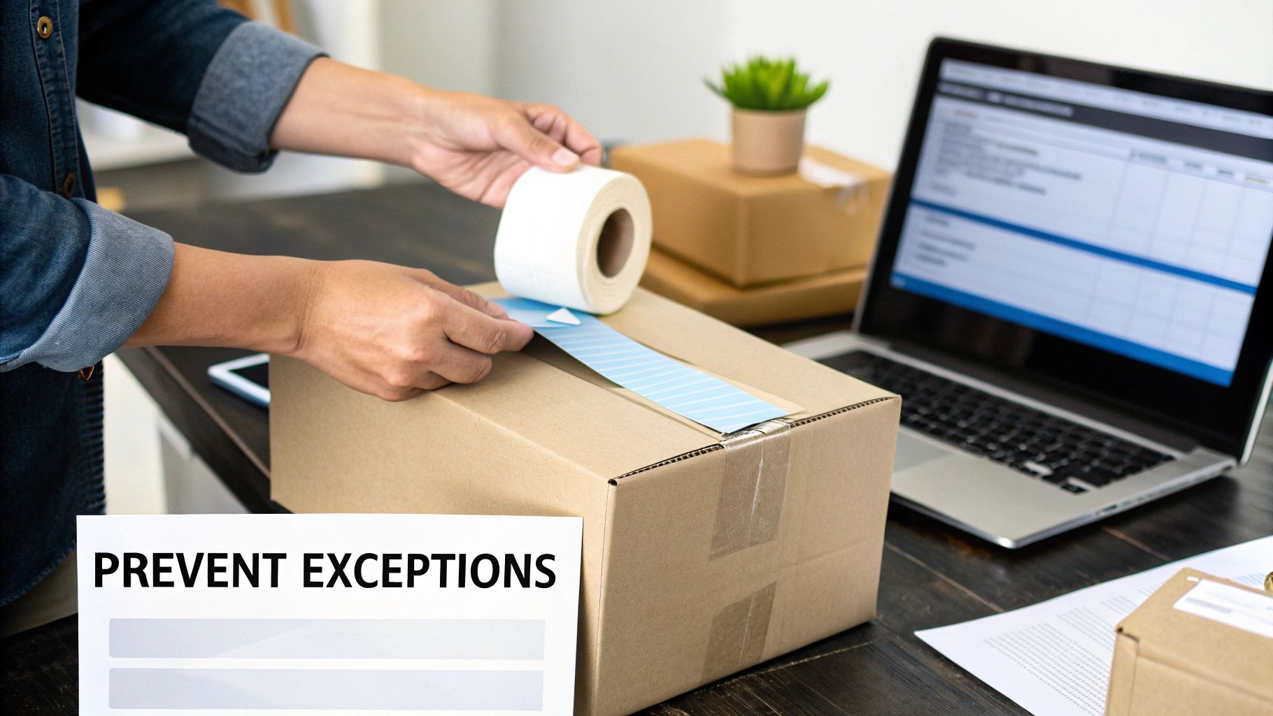Close-up of hands applying a blue and white striped shipping label to a brown cardboard box.