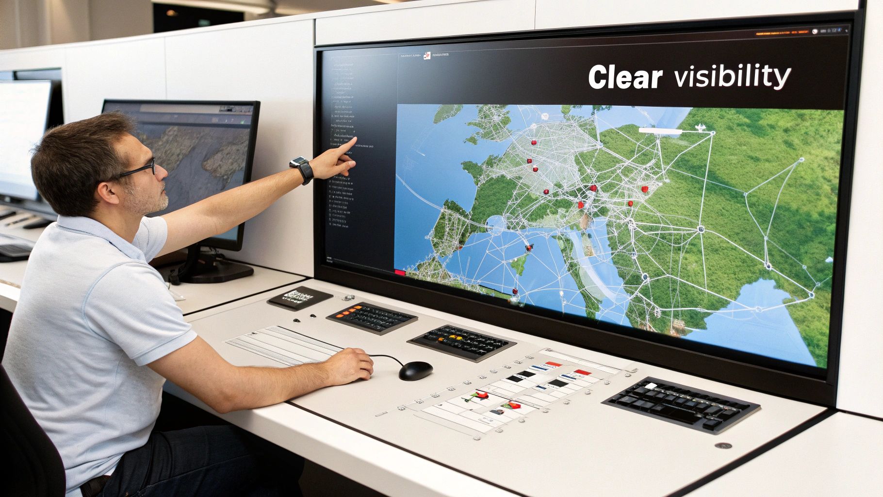 A man in a control room points at a large monitor displaying a map for clear visibility.